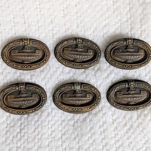 May include: A set of six oval-shaped brass drawer pulls, each featuring a central urn motif surrounded by a decorative border. The metal hardware has a dark, aged patina with intricate relief details on the face of each individual pull.