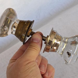 Antique Pair of 8-Point Faceted Clear Crystal Glass & Brass Door Knobs on Spindle with Set Screws and Rosettes