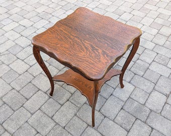 Antique Quarter Sawn Tiger Oak Parlor Table, Solid Wood, Curved Legs, Carved Edges - *Free Local Pickup / Request Shipping Options*