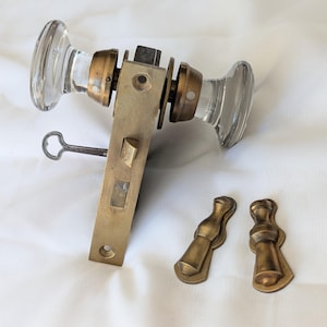 Antique Deadbolt Mortise Door Lock, Set of 2 Round Glass & Brass Door Knobs, Spindle, Rosettes, 2 Keyhole Covers, and Working Key