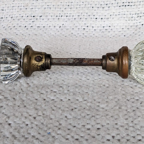 Vintage Pair of 12-Point Clear Crystal Glass & Brass Door Knobs on Spindle with Set Screws