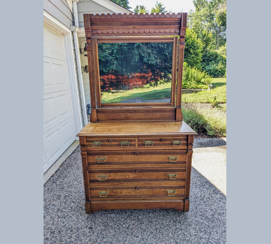 Antique 5-drawer Eastlake Dresser, Mirror, Nautical Brass Pulls ...