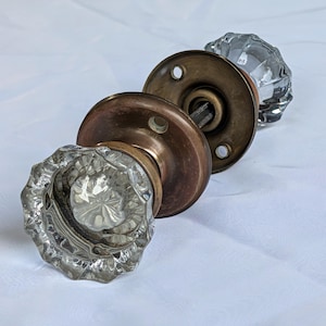 Vintage Pair of 12-Point Faceted Clear Crystal Glass & Brass Door Knobs on Spindle with Set Screws and Rosettes - Set #14