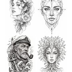 May include: A collection of four black and white illustrations featuring a portrait of a person with roses, a geometric human face, a bearded sailor with a pipe, anchor, and lighthouse, and a person whose head and neck transition into tree roots and branches.