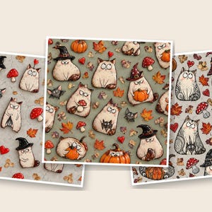 Halloween Digital Paper Bundle, 3 Seamless Autumn Patterns, Vintage Zentangle Cats, Witch Scrapbook, Printable JPG