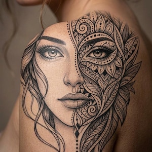 May include: A black ink tattoo on a shoulder featuring a split-face design. One side shows a realistic human face with detailed eyes and flowing hair, while the other side is composed of intricate floral and leaf patterns with fine line work.