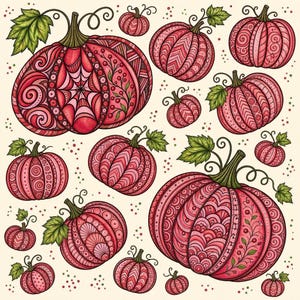 May include: A collection of various sized pumpkins in shades of red and pink, featuring intricate patterns like spiderwebs, swirls, and geometric lines. Each pumpkin has green stems and leaves, set against a light cream background with small dots.