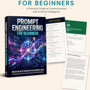 Op de afbeelding: Een digitale gids getiteld Prompt Engineering for Beginners met een donkere omslag en een gloeiende blauwe en paarse afbeelding van een neuraal netwerk. De set bevat een inhoudsopgave en een hoofdstukpagina over effectieve prompts.