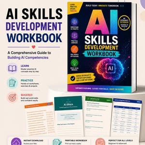 Op de afbeelding: Een AI Skills Development Workbook met een zwarte kaft, een kleurrijke hersengrafiek en de tekst "Build Today. Innovate Tomorrow" en "AI Skills Development Workbook". Drie voorbeeldpagina's worden onder het boek weergegeven.