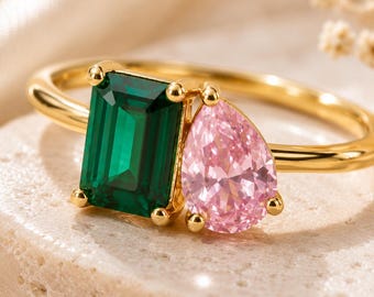 Gepersonaliseerde ring met twee geboortestenen, Toi et Moi-ring op maat, jubileumcadeau voor haar, verlovingsring, gouden sieraad met twee stenen, verjaardagscadeau voor je vrouw