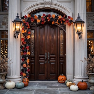 May include: A dark wood double door entrance featuring a garland of orange, red, and black autumn leaves with small pumpkins. Two black metal lanterns are mounted on stone columns, and various pumpkins are arranged on the stone floor.