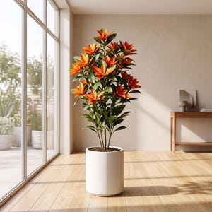 Puede incluir: Una planta alta en maceta con flores de color naranja vibrante similares a los lirios y hojas de color verde oscuro. La planta se encuentra en una maceta de cerámica blanca, lisa y cilíndrica, sobre un suelo de madera clara cerca de una ventana.