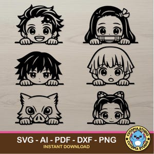 Puede incluir: Un conjunto de archivos digitales con seis ilustraciones de personajes en blanco y negro en estilo asomado. Los diseños incluyen varias figuras inspiradas en el anime con ojos grandes y manos descansando sobre una línea horizontal. El texto en la parte inferior dice SVG, AI, PDF, DXF, PNG, INSTANT DOWNLOAD.