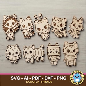 Puede incluir: Un conjunto de nueve figuras de madera cortadas con láser que representan personajes de dibujos animados, incluyendo una persona con diadema de orejas de gato, varios gatos, un gato sirena, un gato cupcake y un gato con cabeza de caja.