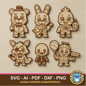 May include: A set of six light-coloured wooden cutouts featuring cartoon animatronic characters. The figures include a bear with a microphone, a rabbit with a guitar, a chicken holding a cupcake with text reading LET'S EAT, a fox with an eye patch and hook, a puppet, and a child holding a balloon and a sign reading BALLOONS.