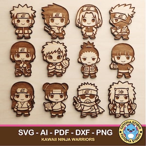 Puede incluir: Una colección de doce figuras de madera cortadas con láser que representan personajes de anime estilizados con peinados, diademas y atuendos distintos. Cada figura presenta detalles faciales y patrones de ropa grabados en la madera.