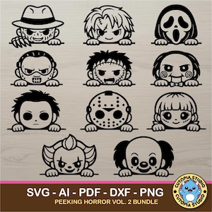 May include: A digital collection of eleven black and white horror character illustrations, each depicted peeking over a horizontal line. The set includes iconic figures like a hockey mask, a clown, and various masked villains. Text reads: SVG - AI - PDF - DXF - PNG PEEKING HORROR VOL. 2 BUNDLE.