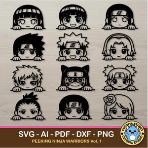 Può includere: Una collezione di dodici illustrazioni in silhouette nera di personaggi in stile anime che sbirciano da un bordo. La grafica include varie acconciature e fasce per la testa. Il testo in basso recita: SVG - AI - PDF - DXF - PNG PEEKING NINJA WARRIORS Vol. 1.