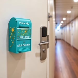 May include: A teal wall-mounted box with a hinged lid and a lever, featuring yellow star and wand graphics. The text reads Pixie Me, Pixie Power, and Lift & Pixie You. It is mounted on a white door next to a silver metal electronic door handle.