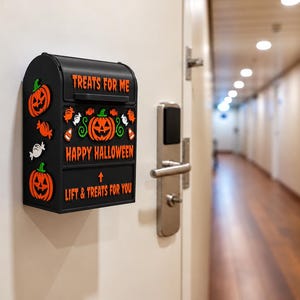 May include: A black wall-mounted mailbox featuring orange pumpkin and candy decorations. The text reads "TREATS FOR ME", "HAPPY HALLOWEEN", and "LIFT & TREATS FOR YOU" with an upward arrow. The box has a curved top and a hinged front flap.