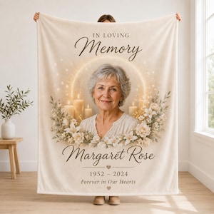 Manta conmemorativa personalizada con foto, manta de recuerdo con velas florales, regalo de condolencia por pérdida, recuerdo en memoria de un ser querido, manta conmemorativa