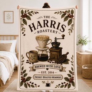Personalized Coffee Blanket, Custom Family Coffee Roastery Throw, Coffee Lover Gift, Barista Blanket, Coffee Bar Decor, Housewarming Gift