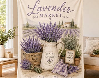 Lavender Market Blanket, French Country Lavender Throw Blanket,Farmhouse Floral Fleece Blanket, Cottagecore Home Decor, Rustic Lavender Gift