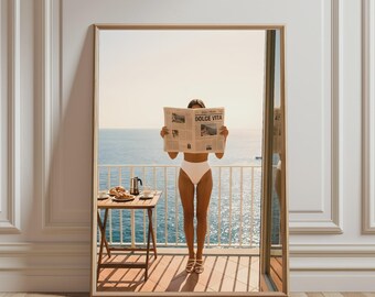 Woman Reading Newspaper Poster, Beach Balcony Art Print, Mediterranean View Illustration, Summer Vibes Wall Decor