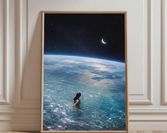 Cosmic Ocean Poster, Surreal Space Art Print, Dreamy Water Illustration, Celestial Wall Decor