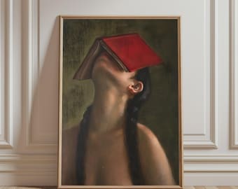 Woman with Book Poster, Surreal Portrait Art Print, Contemporary Wall Art, Thought-Provoking Home Decor