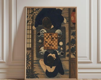 Japanese Chess Game Poster, Traditional Art Print, Chess Board Players, Cultural Wall Decor