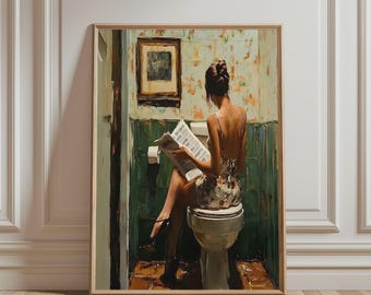 May include: A framed oil painting depicting a person with dark hair in an updo, wearing a floral slip dress and black heels, sitting on a toilet in a tiled bathroom while reading a newspaper. The walls feature green tiles and floral wallpaper.