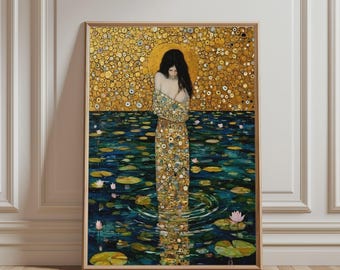 Woman in Water Poster, Golden Background Art Print, Lily Pads Illustration, Gustav Klimt Inspired Wall Art