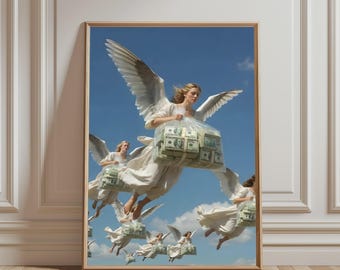 May include: A framed wall art print depicting multiple winged figures in white robes flying against a clear blue sky. Each figure carries a transparent plastic bag filled with stacks of United States hundred-dollar bills in their arms.