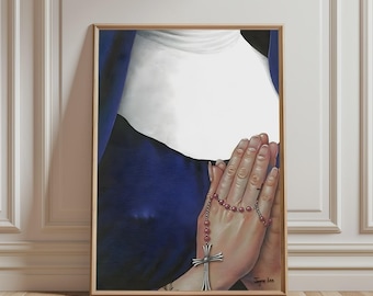 May include: A framed painting depicting a figure in a dark blue habit with a white wimple, hands clasped in prayer, holding a rosary with red beads and a silver cross. The artist signature Jayne Lee is visible in the bottom right corner of the artwork.