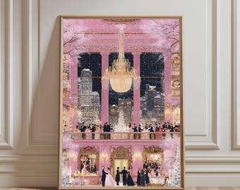 Elegant Winter Ball Poster, Glamorous Party Art Print, Chandelier Wall Art, Pink Decor Illustration
