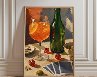 May include: An oil painting depicting a glass of orange cocktail with an orange slice, a green glass bottle, three red dice, a small bowl of green olives, and a fan of blue playing cards arranged on a light-coloured surface.