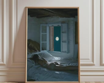 Moonlit Bedroom Poster, Dreamy Night Art Print, Serene Interior Illustration, Cozy Wall Decor