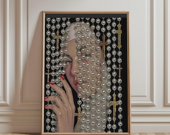May include: A framed vertical art print featuring a portrait of a face partially obscured by multiple hanging strands of white pearls and gold crucifixes against a black background. A hand with bright red fingernails is visible in the foreground.