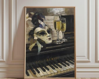 Piano Keys Art Print, Elegant Masquerade Mask Poster, Champagne Flutes Illustration, Vintage Music Decor