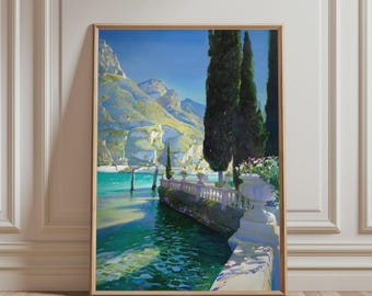 Lake Garda Landscape Poster, Italian Scenery Art Print, Serene Nature Illustration, Coastal Wall Decor