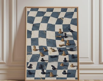 May include: A framed wall art print featuring a distorted, wavy chessboard pattern in blue and white marble textures. Scattered across the surface are various gold and black chess pieces, including pawns, knights, and queens, casting shadows.