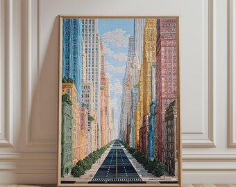 New York City Skyline Poster, Colorful Urban Art Print, Cityscape Illustration, Modern Wall Decor