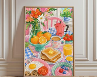 Breakfast Table Poster, Colorful Food Art Print, Floral Kitchen Illustration, Morning Wall Decor