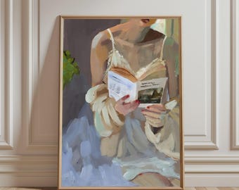 May include: An oil painting print featuring a person in a cream-coloured camisole and cardigan reading an open book. The figure is depicted with loose brushstrokes, wearing a light blue skirt, set against a dark background with green foliage.