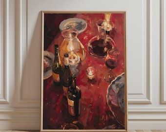 May include: An oil painting in a light wood frame depicting a dimly lit dinner table with a deep red tablecloth. The scene features three wine bottles, a glass decanter, a wine glass, and a glowing candle in a glass holder, all rendered in warm tones.
