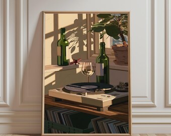 May include: A framed art print depicting a record player with a vinyl record, a wine glass, and two green glass bottles on a wooden surface. A potted plant sits near a window with sunlight casting shadows across the scene, creating a warm atmosphere.