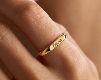 Custom Name Ring, Personalized Gift Engraved Gold Band, Dainty Script Name Jewelry, Minimalist Stacking Ring, Everyday Gift for Him Her