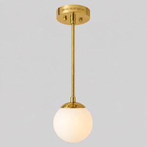 Handmade Brass Globe Pendant Light | Mid-Century Modern Opal Glass Ceiling Fixture