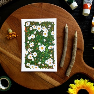 Champ de marguerites, mini impression d'art, peinture à la gouache, oeuvre d'art florale 4 x 6, cadeau de décoration maison cottagecore pour une amie, une petite amie ou la fête des mères